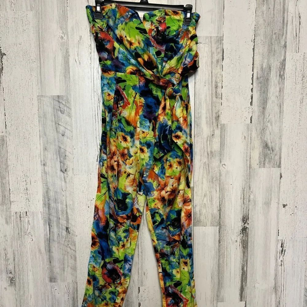ICY Fashion Strapless Floral Jumpsuit Wide Leg Tie Front Multicolor Size Small